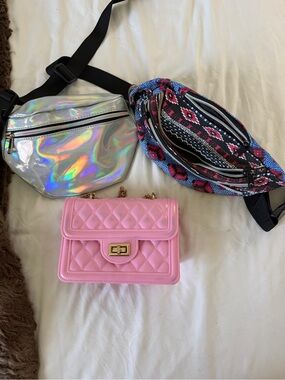 Pink Quilted Chain Crossbody Bag, 2 Fanny packs - Pink